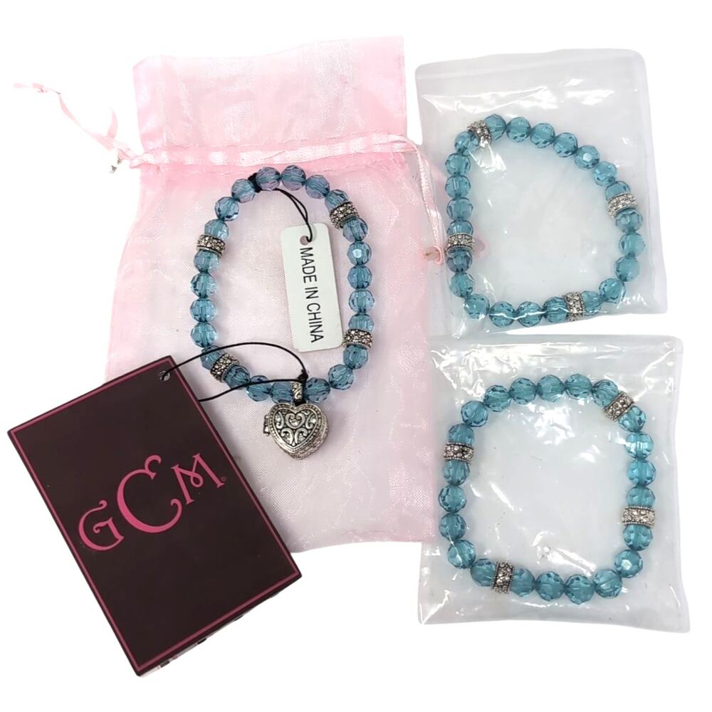 Garold C. Miller Friends Heart Locket Aqua Faceted Bead Stretch Bracelets‎ NEW